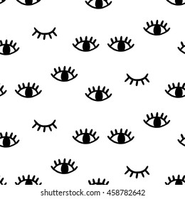 Eye seamless pattern. Vector hand drawn wink, open, close eyes with lash background, isolated on white