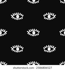 Eye seamless pattern. White on black. Vector illustration