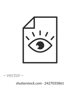 eye sees document icon, view detail in paper documents, familiarize with conditions, thin line symbol on white background - vector illustration