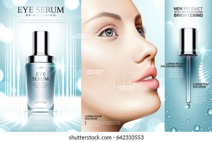 Eye Serum Contained In Cosmetic Bottles And Model Face, 3d Illustration