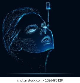 Eye serum contained in cosmetic pipette and model face. Concept in Low poly style. Cosmetic vector illustration.