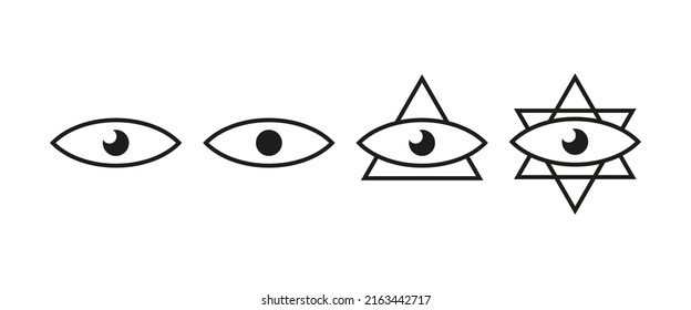 Eye Set Icon. All Seeing Eye, Masonic Sign, Pyramid, Star Of David, Jews, Religions. Vision Concept. Vector Line Icon For Business And Advertising