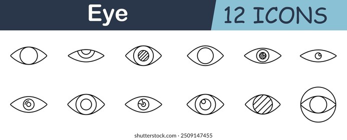 Ícone de conjunto de olhos. Visão, foco, íris, aluno, observação, visão, óptico, visualização, olhar, percepção, consciência, clareza, relógio, visão, reflexão, perspectiva, vigilância