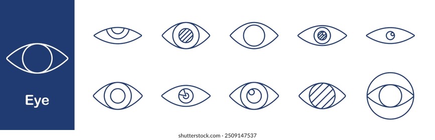 Ícone de conjunto de olhos. Visão, foco, íris, aluno, observação, visão, óptico, visualização, olhar, percepção, consciência, clareza, relógio, visão, reflexão, perspectiva, vigilância