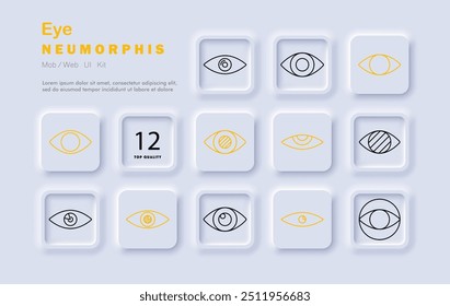 Ícone de conjunto de olhos. Visão, olhar, olhar, visão, assistir, ver, foco, observação, estilo neomórfico, elementos de interface, segurança, monitoramento