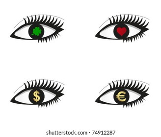 Eye set with money, love and luck icons