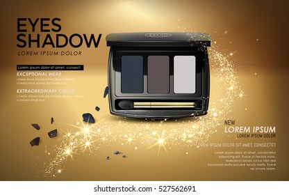 Eye Shadow Ads, Elegant Black Eye Shadow Packaging With Golden Glitter Elements, 3D Illustration