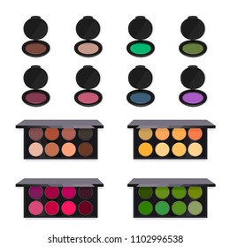 Eye shadow flat makeup cosmetics set.  Beauty fashion decorative products in separate and mix black plastic boxes isolated against white background. Vector illustration collection. 