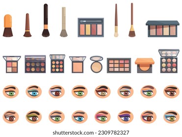 Iconos de sombras oculares establecen el vector de caricatura. El maquillaje de la paleta. Espejo