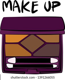 eye shadow make up (brown and orange colors), Hand drawn cosmetics set. Make up, eye shadows, brush - Fashion illustration vector object isolated on white background
