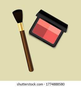 Eye shadow for makeup. Brush and cosmetic. The blush palette. Black box of cosmetics. Compact powder kit. Vector image.