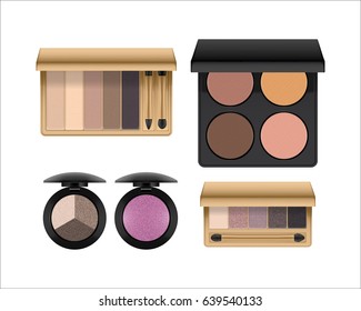 Augenschattenschminkprodukt Set, kosmetische Anwendung auf Augenlider, offene Palette von natürlichen Farben, kompaktes Set. Beauty- und Pflegekonzept einzeln auf weißem Hintergrund. Vektorgrafik, realistisch