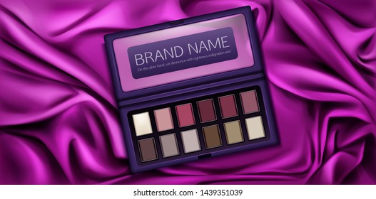 Eye Shadow Palette Set For Make Up. Eyeshadow Kit Mockup Case With Paint Samples In Vinous, Pink, Brown, Vanilla Colors. Top View Makeup Box On Silk Draped Background. Realistic 3d Vector Ad Banner