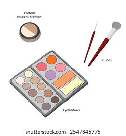 An eye shadow palette with a variety of shades and matching brushes for versatile makeup application