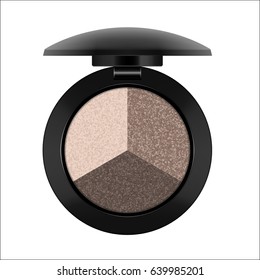 Eye shadow three natural colors in single case, open, palette to create professional and personal makeup harmony. Beauty and care concept, isolated on white background, Vector illustration, realistic.