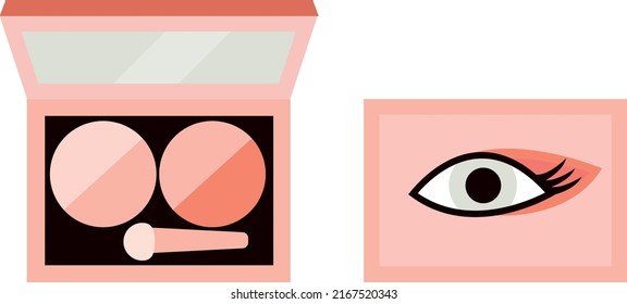 Eye shadow in two types, palette, eye makeup, shadow brush, attractive look, women's cosmetics, decorative cosmetics. Flat graphic vector illustration isolated, visage, eyeshade.