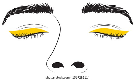 Eye shadow yellow color. Closed eye with long eyelashes and eyebrows. Vector illustration. Line art