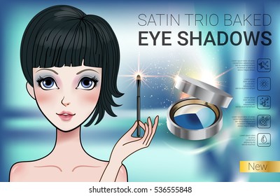 Eye shadows ads. Vector Illustration with Manga style girl and set color palette with eye shadows.