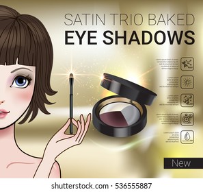 Eye shadows ads. Vector Illustration with Manga style girl and set color palette with eye shadows.