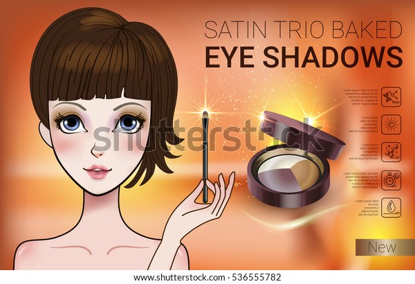 Eye shadows ads. Vector Illustration with Manga style girl and set color palette with eye shadows.