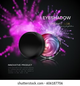 Eye shadows or blusher ad. Cosmetics product package design. 3d vector beauty illustration. Glamorous eyeshadows jar with dusty dye explosive splash. Product package mock-up for fashion magazine.