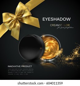 Eye shadows or blusher ads. Cosmetics package design. 3d vector beauty illustration. Glamorous golden eyeshadows or cheek blush jar with golden particles and bow. Product package mock-up