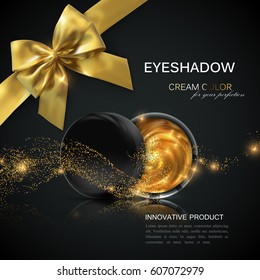 Eye shadows or blusher ads. Cosmetics package design. 3d vector beauty illustration. Glamorous golden eyeshadows or cheek blush jar with golden particles wave and bow. Product package mock-up