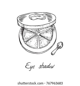 Eye shadows box palette open with brush, hand drawn doodle sketch with inscription, isolated vector illustration