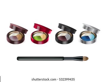 Eye shadows in different color of containers. Vector illustration realistic set color palette with eye shadows and brush.