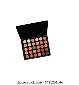 Eye shadows palette thirty colors in a square shape in top view. On white background