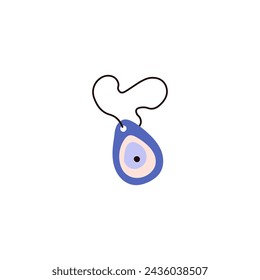 Eye shaped amulet, eye of Fatima glass pendant on rope. Superstition symbol of envy protection. Magic attribute glass nazar. Vector illustration of talisman isolated on white background