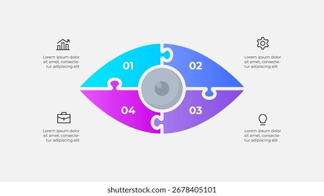 Eye shaped infographic design featuring a four piece colorful puzzle and various business icons for presentations and analysis