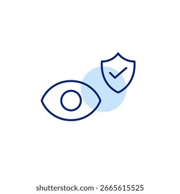 Ojo, escudo y marca de verificación. Salud óptica aprobada, ojos protegidos, seguridad ocular certificada. Icono de Vector de trazo perfecto y editable