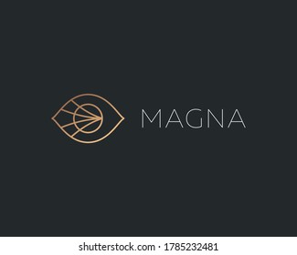 Eye sight logo design vector template in linear style. Premium ophthalmology vision sight logotype concept outline icon isolated on dark background.
