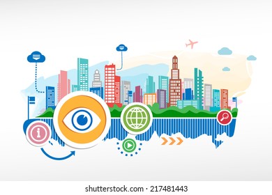 Eye sign and cityscape background with different icon and elements. Design for the print, advertising.