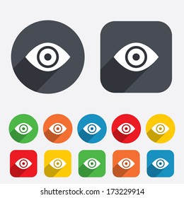 Eye sign icon. Publish content button. Visibility. Circles and rounded squares 12 buttons. Vector