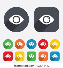 Eye sign icon. Publish content button. Visibility. Circles and rounded squares 12 buttons. Vector