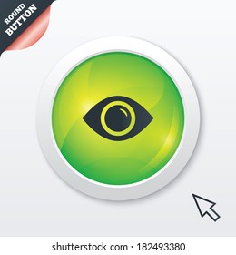 Eye sign icon. Publish content button. Visibility. Green shiny button. Modern UI website button with mouse cursor pointer. Vector