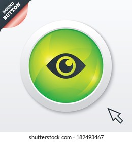 Eye sign icon. Publish content button. Visibility. Green shiny button. Modern UI website button with mouse cursor pointer. Vector
