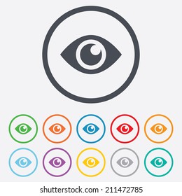 Eye Sign Icon. Publish Content Button. Visibility. Round Circle Buttons With Frame. Vector