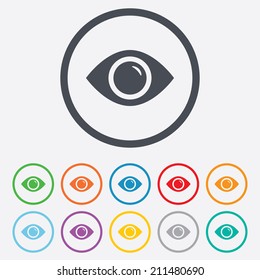 Eye sign icon. Publish content button. Visibility. Round circle buttons with frame. Vector