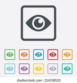 Eye Sign Icon. Publish Content Button. Visibility. Round Squares Buttons With Frame. Vector