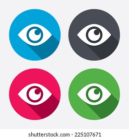 Eye sign icon. Publish content button. Visibility. Circle buttons with long shadow. 4 icons set. Vector