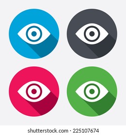 Eye sign icon. Publish content button. Visibility. Circle buttons with long shadow. 4 icons set. Vector