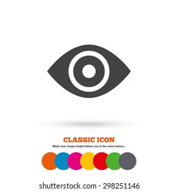 Eye sign icon. Publish content button. Visibility. Classic flat icon. Colored circles. Vector