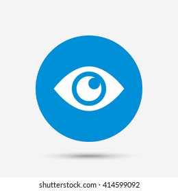 Eye sign icon. Publish content button. Visibility. Blue circle button with icon. Vector
