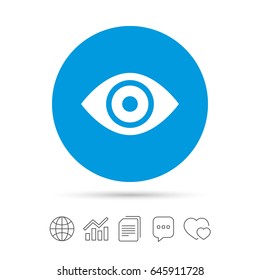 Eye sign icon. Publish content button. Visibility. Copy files, chat speech bubble and chart web icons. Vector