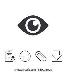 Eye sign icon. Publish content button. Visibility. Report, Time and Download line signs. Paper Clip linear icon. Vector