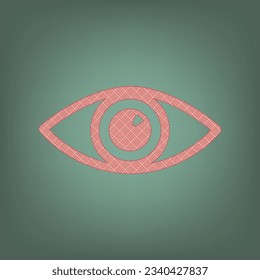 Eye sign illustration. Apricot Icon with Brick Red parquet floor graphic pattern on a Ebony background. Feldgrau. Green. Illustration.