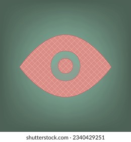 Eye sign illustration. Apricot Icon with Brick Red parquet floor graphic pattern on a Ebony background. Feldgrau. Green. Illustration.